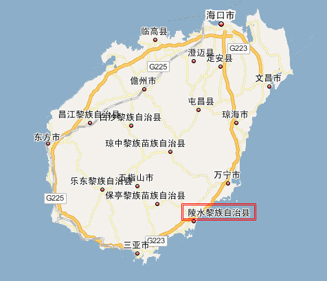 陵水黎族自治县在海南省所处位置(红框处)