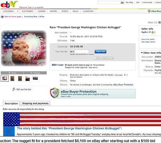 美国一块形状酷似华盛顿头像的鸡块拍出8100