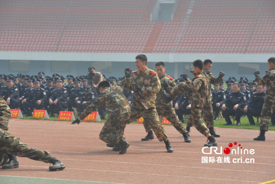 武警战士展示拳法,倒功,摔擒等项目.马彬彬 摄影