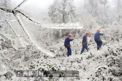供电线路遭受冰灾攻击 桂北四县大面积停电(组