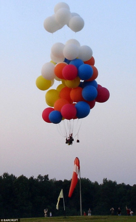 美国男子用气球吊起椅子在空中办公(图)