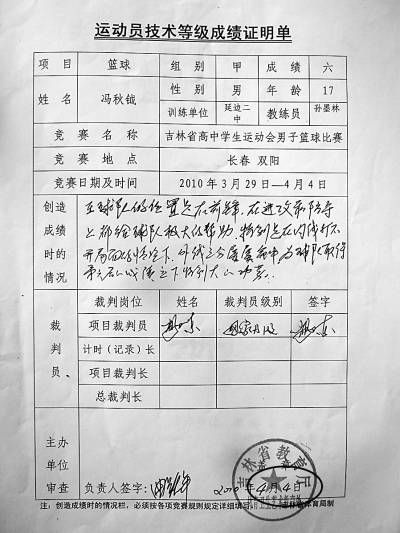 冯秋钺申办二级运动员证书材料中的《运动员技术等级成绩证明单》