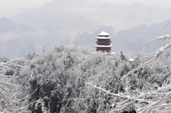 组图：张家界同现雾凇冰挂云海景观