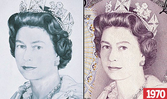 英国央行展示钞票图案上女王面貌的变化(图)
