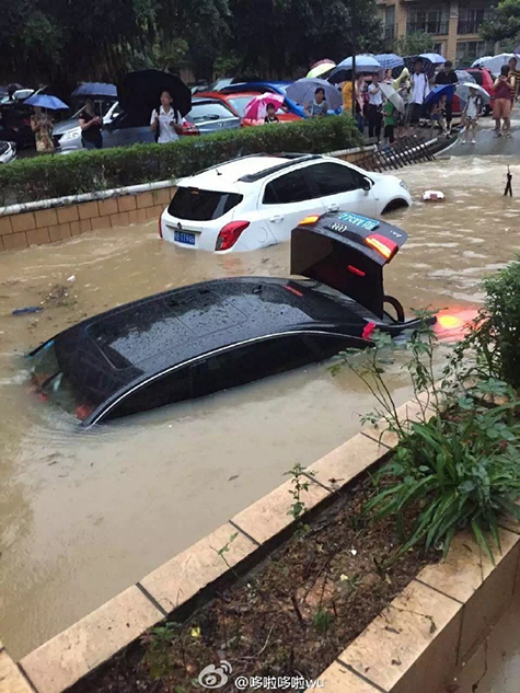 广西柳州暴雨 10多辆公交车被淹没