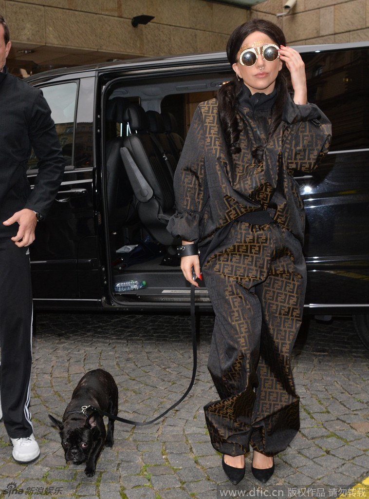 组图：GaGa化身霸气贵妇 戴墨镜遛狗引粉丝围堵