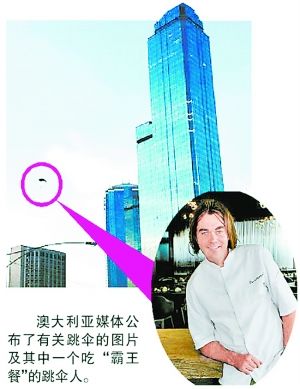 身着降落伞从55楼餐厅阳台上一跃而下。