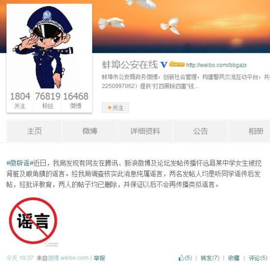 人民网北京3月31日电 (田雪)今日,据安徽蚌埠市公安局官方微博消息,网传消息怀远县某中学女生被挖肾脏及眼角膜系谣言。经警方批评教育,发帖人已将原帖删除。 据警方介绍,近日,有网友在腾讯、新浪微博及论坛发帖传播怀远县某中学女生被挖肾脏及眼角膜的谣言。经该局调查核实此消息纯属谣言,两名发帖人均是听同学谣传后发帖,经批评教育,两人的帖子均已删除,并保证以后不会再传播类似谣言。 记者发现,有关挖肾脏谣言一直屡禁不止,被在各地传播。据此前江淮晨报报道,公安部门出示的一份材料显示,盗肾传言不仅