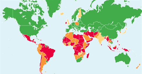 图说：2013全球堕胎政策地图，由红、浅黄、深黄到绿色，自由度相应增大。(来源：Center for Reproductive Rights)