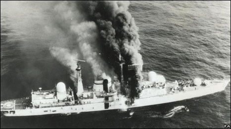 HMS Sheffield on fire