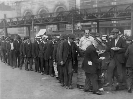 During the Great Depression, men waited in Bread Lines for soup and bread C food was generally donated by charities to help those without jobs.(Agencies)