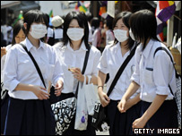 Japanese students wearing face masks