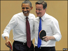 Barack Obama and David Cameron playing table tennis together