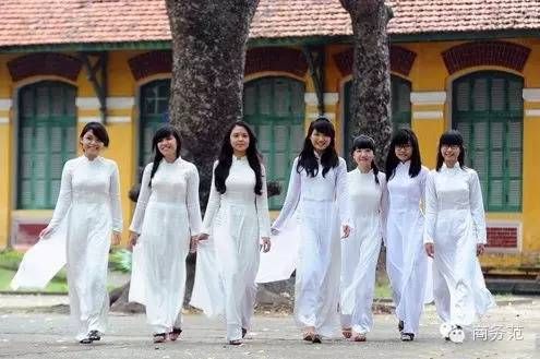 身穿校服的学生们站在矮墙上欢迎女王(→_→左四亮了)     越南的校服