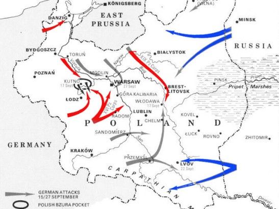 二战时期的军事地图,箭头标示着进军路线