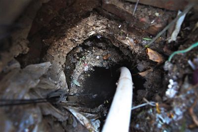 5月20日，万子营东村一“黑水厂”，一根管子从垃圾堆旁的井口内取水。