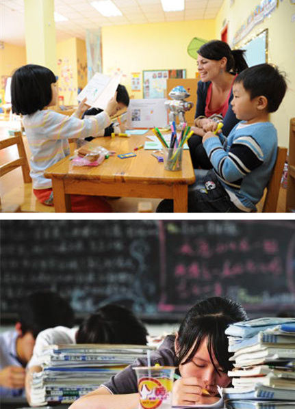 上图是上海的双语幼儿园，下图是内陆小城镇的考生，他们都在学习英语，但这显然不是一场公平的竞争
