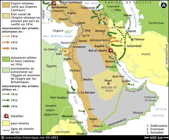 　图二：1914-1916年的中东战场。图中棕色表示奥斯曼帝国，黄色表示中立国波斯、希腊(1917年加入协约国)、阿比西尼亚(后改名埃塞尔比亚)，深绿色表示协约国俄国及其殖民地(英埃苏丹、英属科威特、英属亚丁(今天的也门南部)、意大利属厄立特里亚。浅绿色表示英国控制下的埃及。棕色箭头为奥斯曼军行动方向，绿色为协约国军队行动方向。
