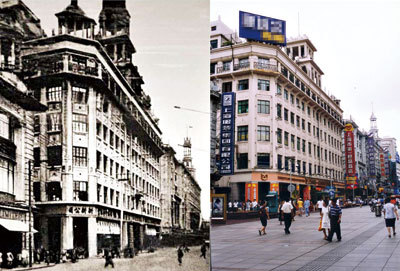 南京路第一食品店1949年以前(左)和现在的对比