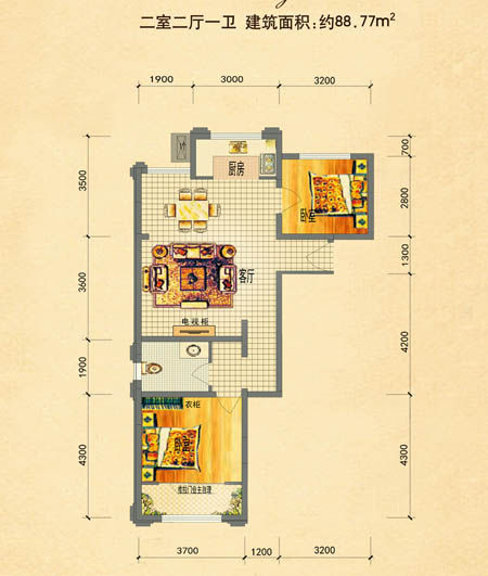 二室二厅一卫户型图 88.77㎡