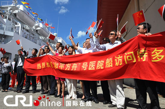 当地中资机构和华人华侨代表拉起横幅在码头欢迎“和平方舟”号医院船来访。肖中仁摄