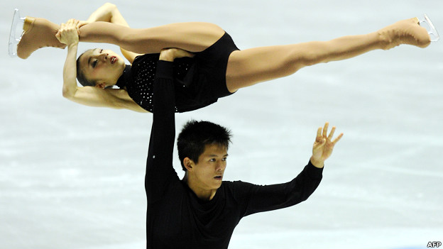 Japanese figure skaters Narumi Takahashi (top) and Mervin Tran