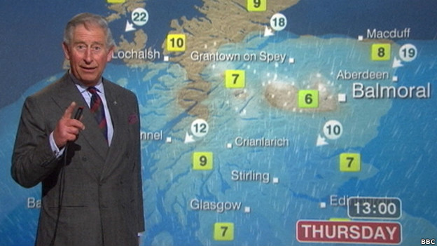 The Prince of Wales presenting a weather forecast for BBC Scotland. 