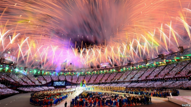 Fireworks over the Olympic stadium at the London 2012 closing ceremony.