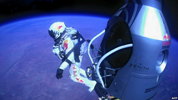 Daredevil Felix Baumgartner prepares to make his freefall jump