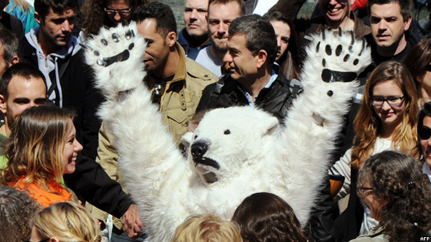 Man dressed in a polar bear costume