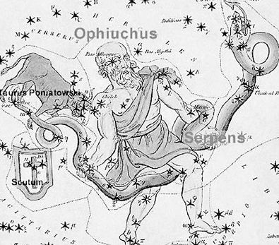 占星師根據天上的星星排列，畫出的蛇夫座圖案。