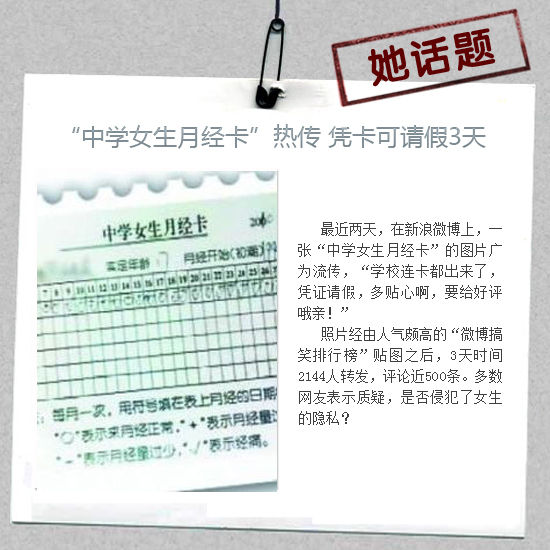 中学<em>女生月经</em>卡网络热传凭卡可请假3天(图)_