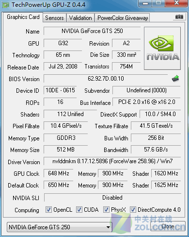 鸿基 gts250 龙骨霸道版显卡gpu-z信息