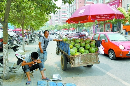 河南中牟西瓜丰收卖难 瓜农进城和城管躲猫猫