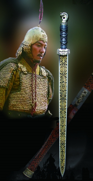 赵云剑刃材:百炼钢,剑刃手工打磨刃长:60厘米 柄长:18厘米剑鞘:饕餮纹