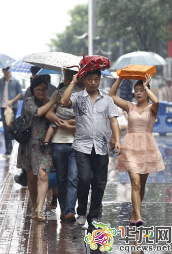 秋雨绵绵,出门忘带雨伞的市民,顺手用包包遮挡一时.