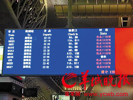 广州南站的列车信息时刻表显示,多趟南下列车晚点超过200分钟 网络供