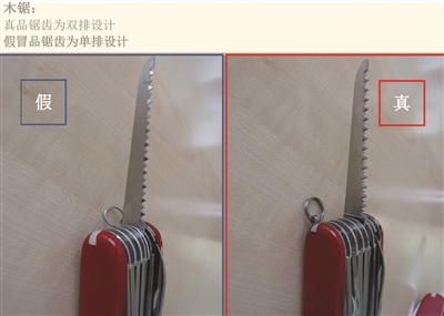 木锯:   真品锯齿为双排设计,假冒品锯齿为单排设计   真假瑞士军刀