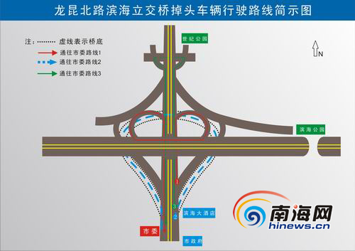 滨海立交桥掉头车辆行驶路线简示图(图片由海口交警提供)