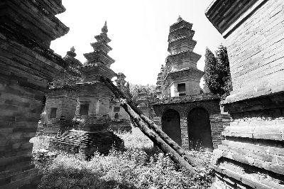 少林寺塔林待扶正 倾斜严重 目前用松木支撑