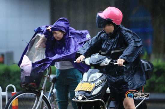 海口街道在暴风雨中艰难前行的人们组图