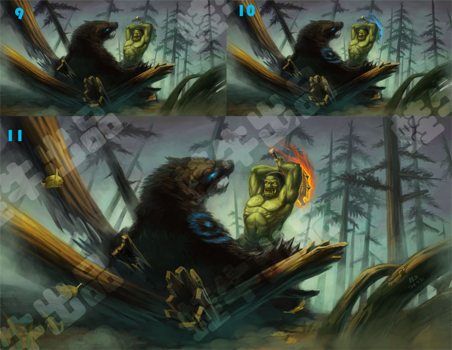 为了区分兽人的光效和熊光效的差别,吧斧子的光效重画成和眼睛一样的