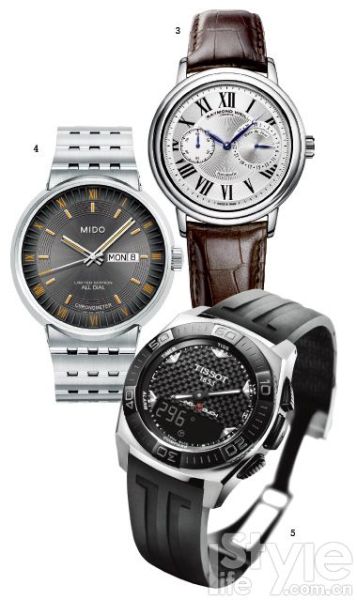 由上至下：蕾蒙威经典大师全新、美度完美系列十周年限量版、天梭全新竞智系列腕表