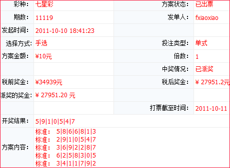 用戶七星彩中獎詳情