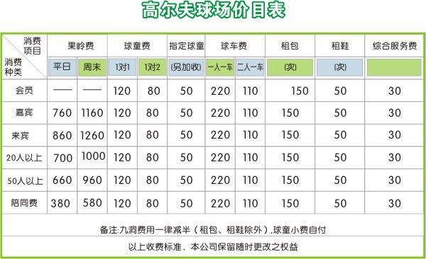 高尔夫报价价格表图片