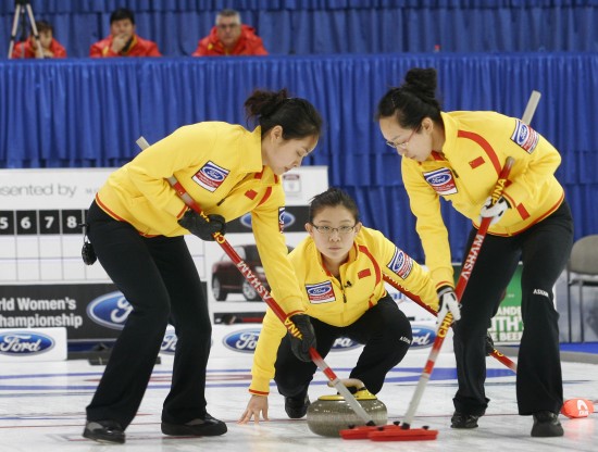 图文女子冰壶世锦赛中国不敌丹麦王冰玉赛中投壶